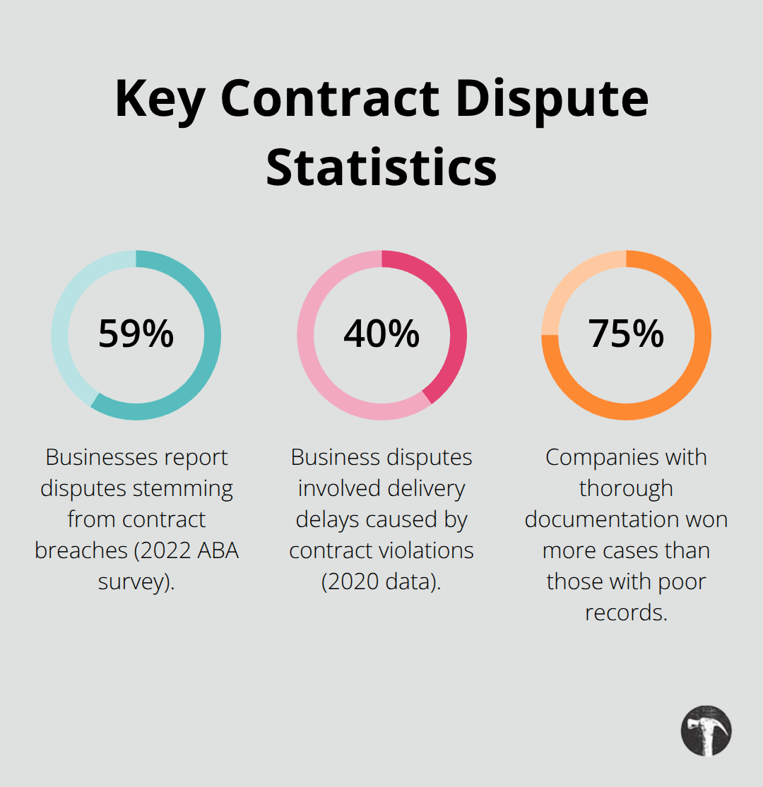 Three statistics highlighting common contract dispute causes and outcomes.