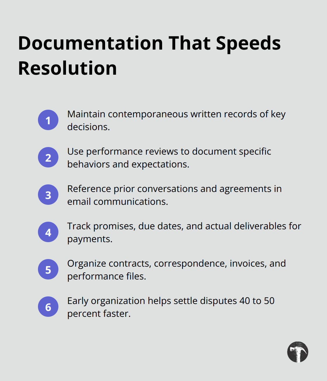 Compact checklist of documentation practices that build leverage and accelerate dispute resolution.