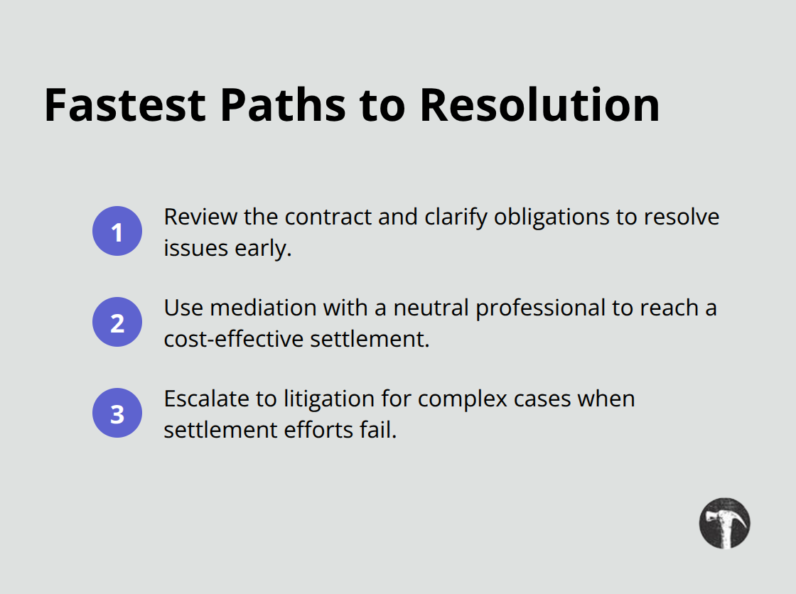 Three-step overview: contract review and negotiation, mediation, and litigation for commercial real estate disputes.