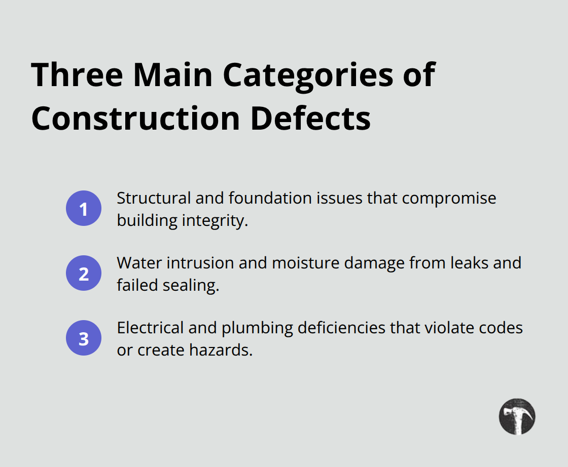 Visual list of the three primary construction defect categories in Los Angeles cases.