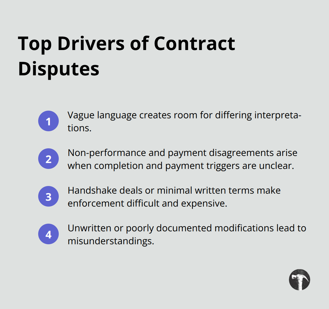 Compact list highlighting the main causes of contract disputes in California - Contract disputes California