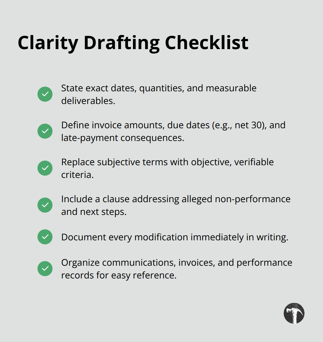 Checklist of actions to make contracts clear and dispute-resistant