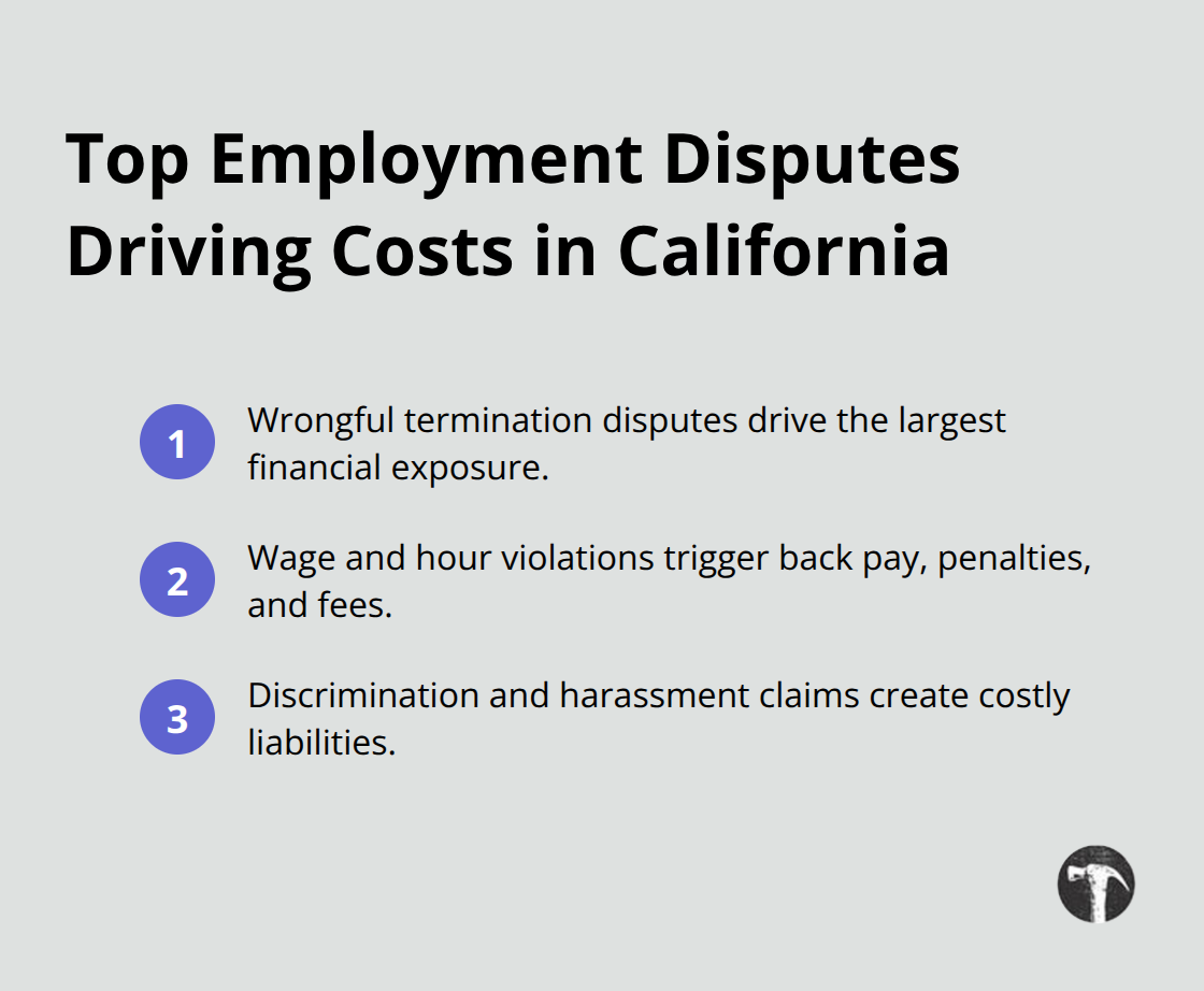 Compact list of the three employment dispute categories that most often drive costs in California workplaces. - Employment disputes California