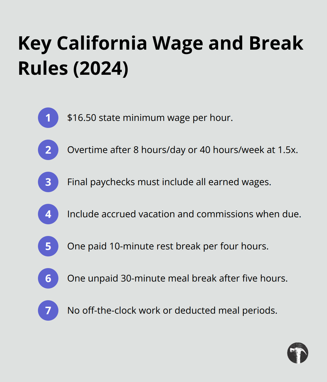 Compact list of California wage, overtime, and break requirements.