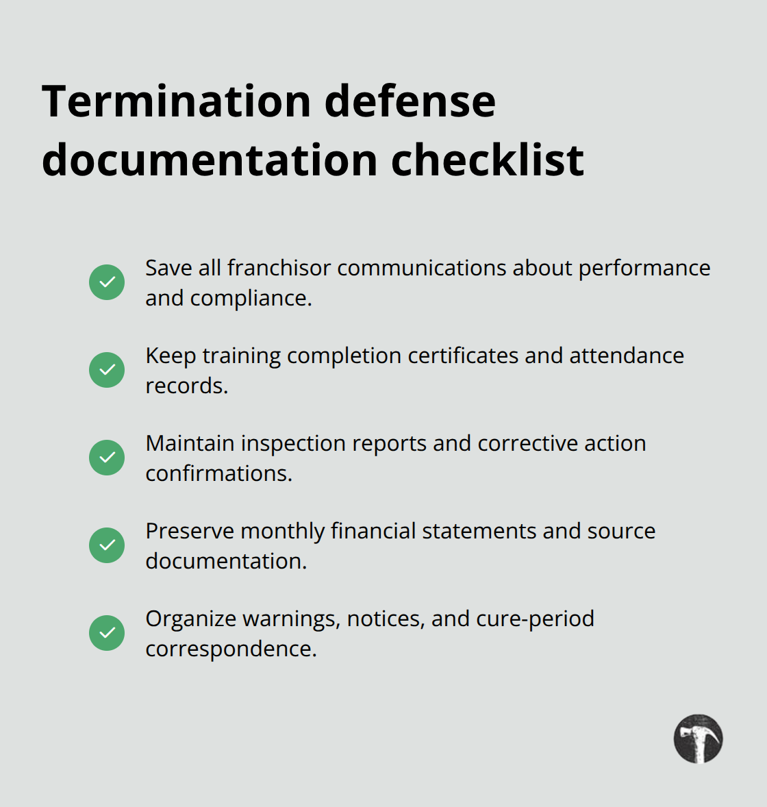 Checklist of records franchisees should keep to defend against termination disputes - Franchise dispute resolution California