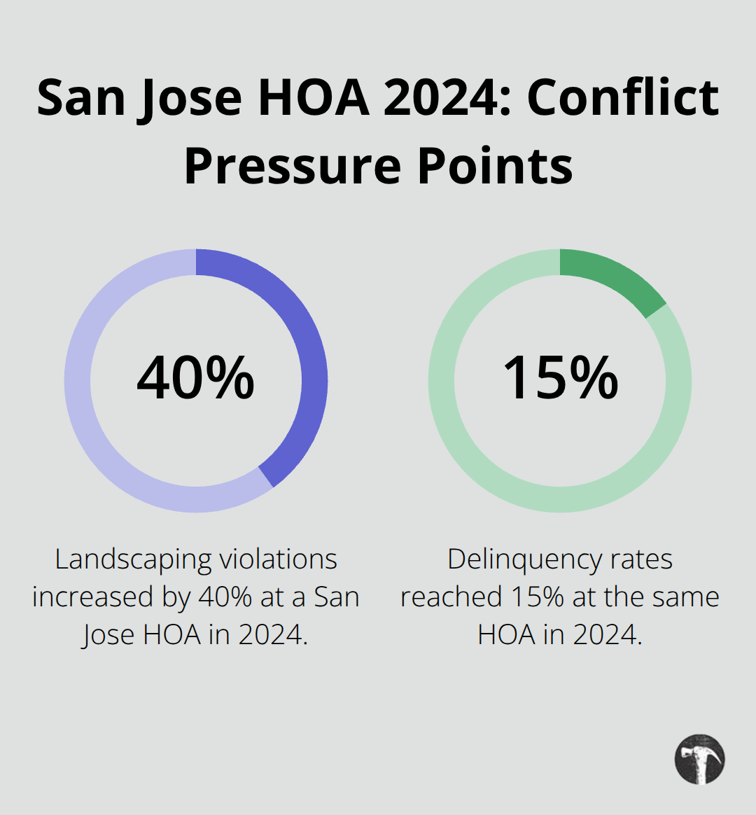 Percentages showing a 40% rise in landscaping violations and 15% delinquency rates at a San Jose HOA in 2024.