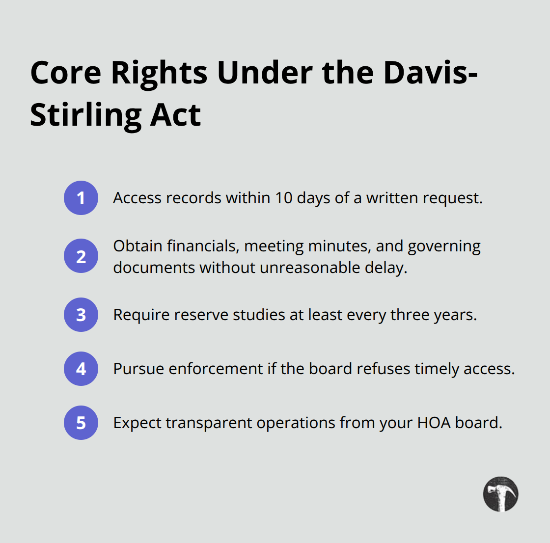 Compact list summarizing key homeowner rights and timelines under California’s Davis-Stirling Act. - HOA conflicts California