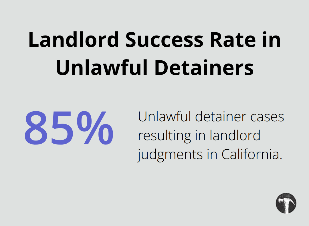 Chart showing 85% of unlawful detainer cases result in landlord judgments in California. - Landlord tenant litigation