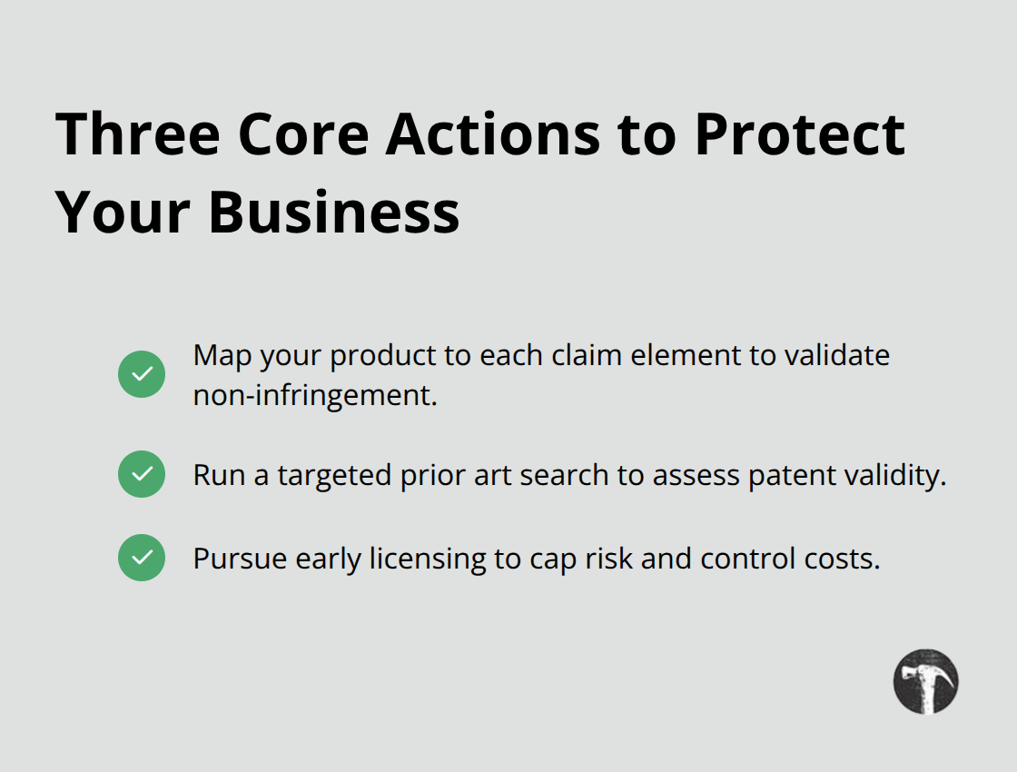 Checklist summarizing the three priority actions to manage patent infringement risk.