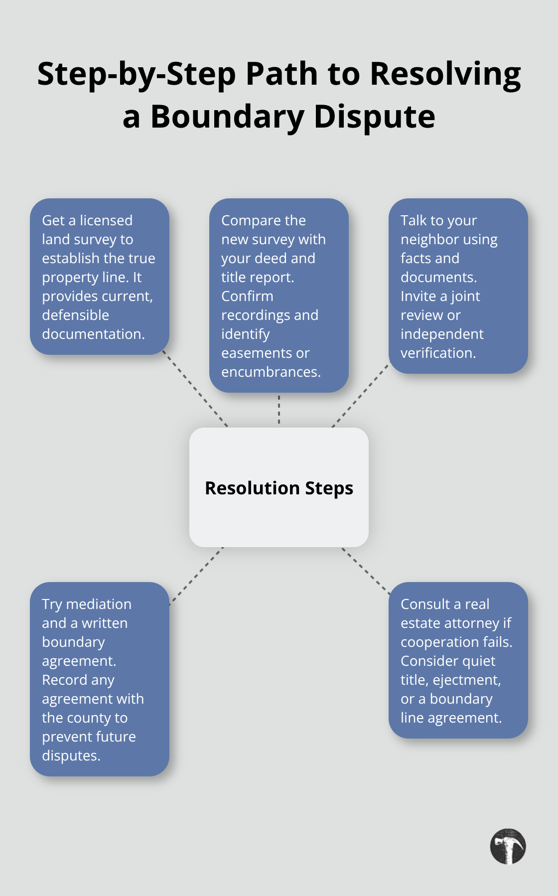 Visual guide to the key steps for resolving a boundary dispute in California - Property boundary conflicts California