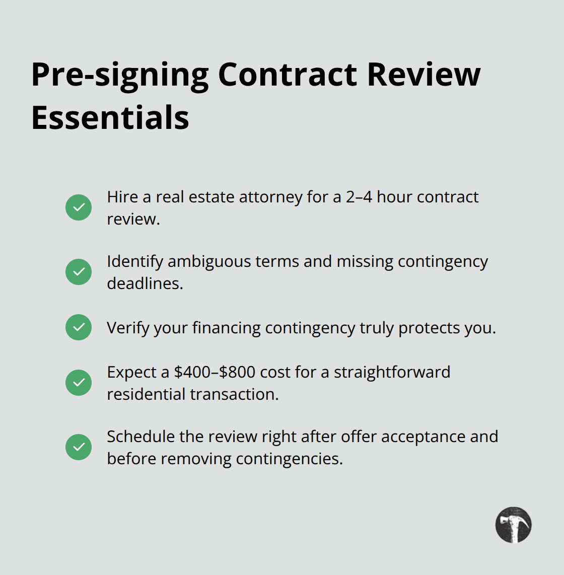 Key actions, timing, and cost range for attorney review before signing a California real estate contract