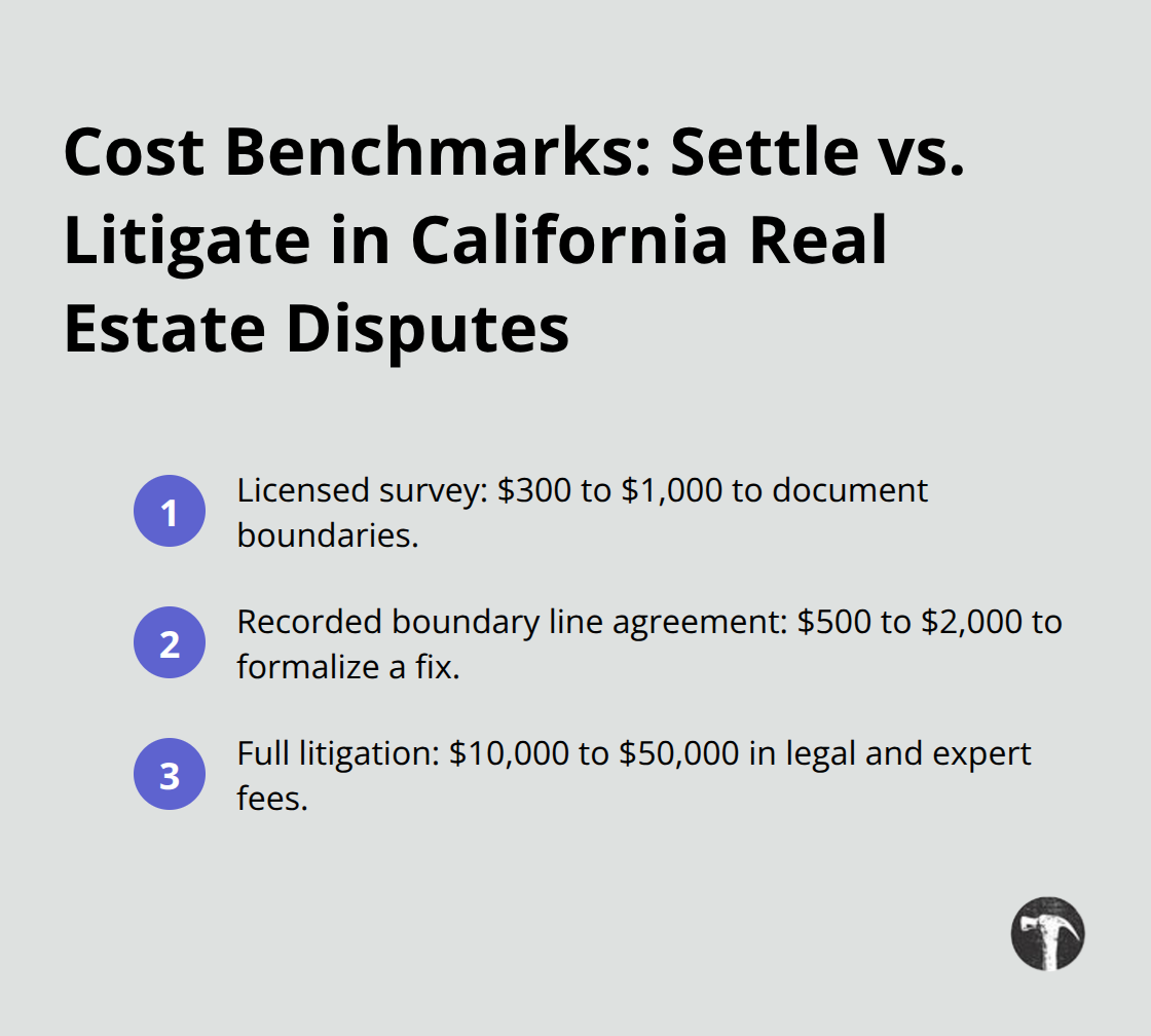 Quick comparison of survey, boundary agreement, and litigation costs in California real estate cases - Real estate litigation California