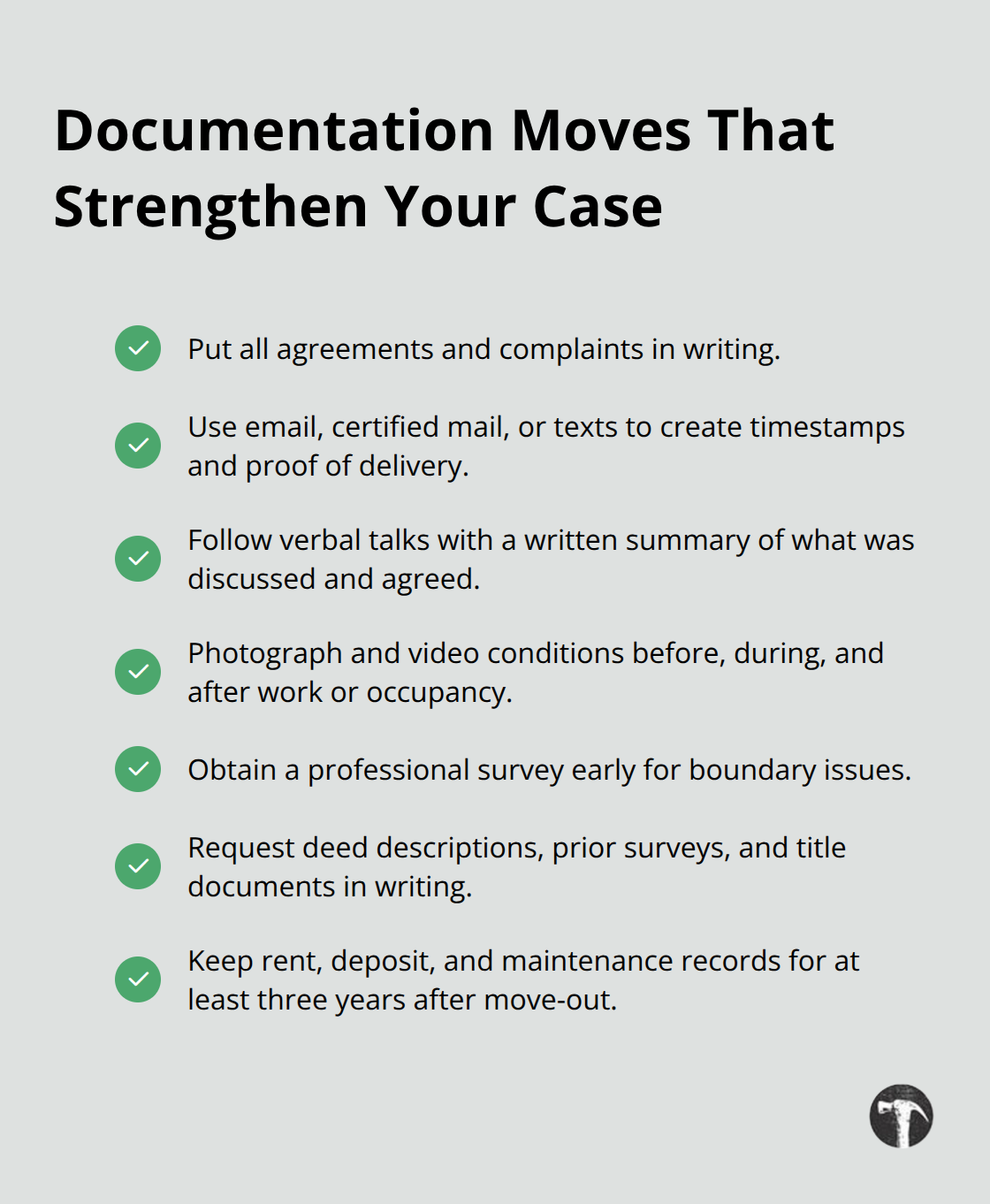 Checklist of documentation best practices for California property disputes