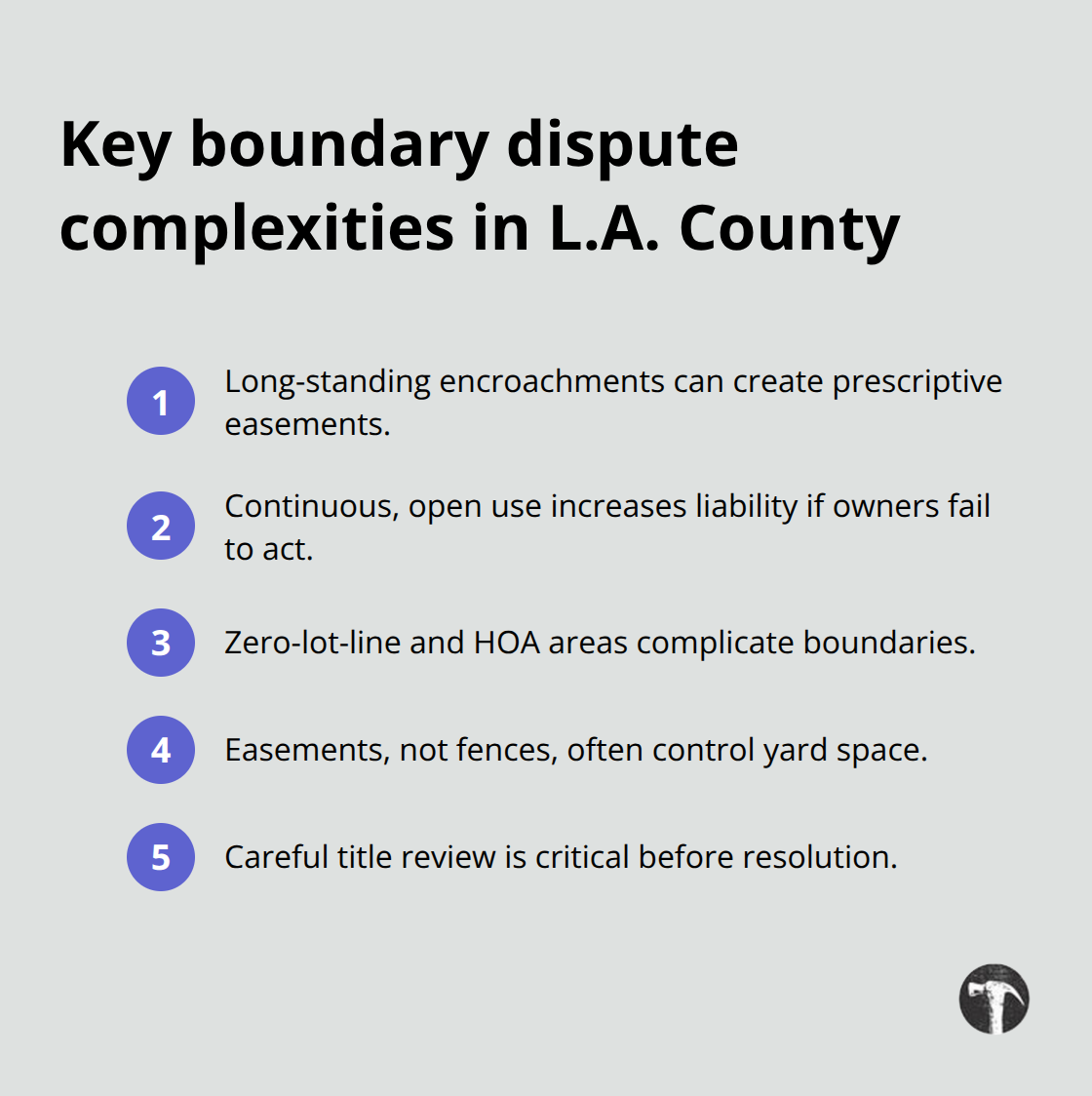 Summary of common boundary complications and risks for property owners in Los Angeles County
