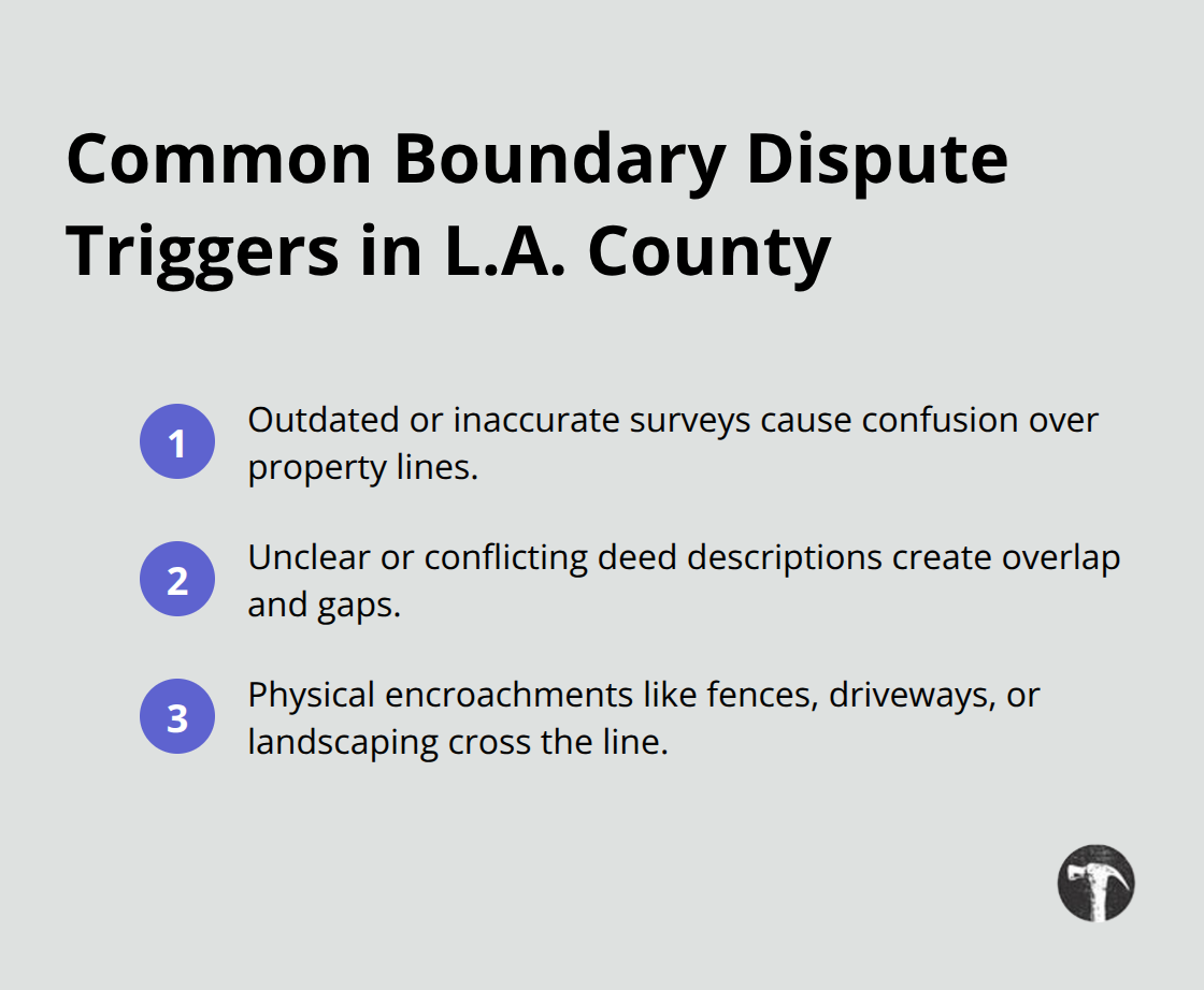 Key triggers that commonly lead to boundary disputes for Los Angeles County homeowners. - Residential real estate disputes