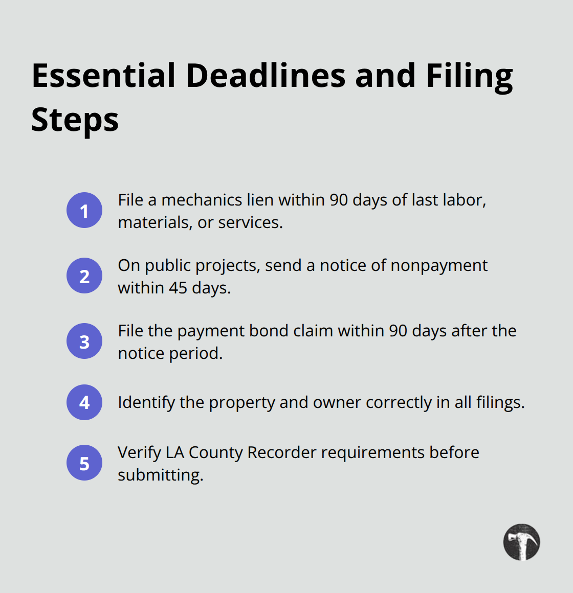 Compact checklist of California retainage recovery deadlines and key filing steps.