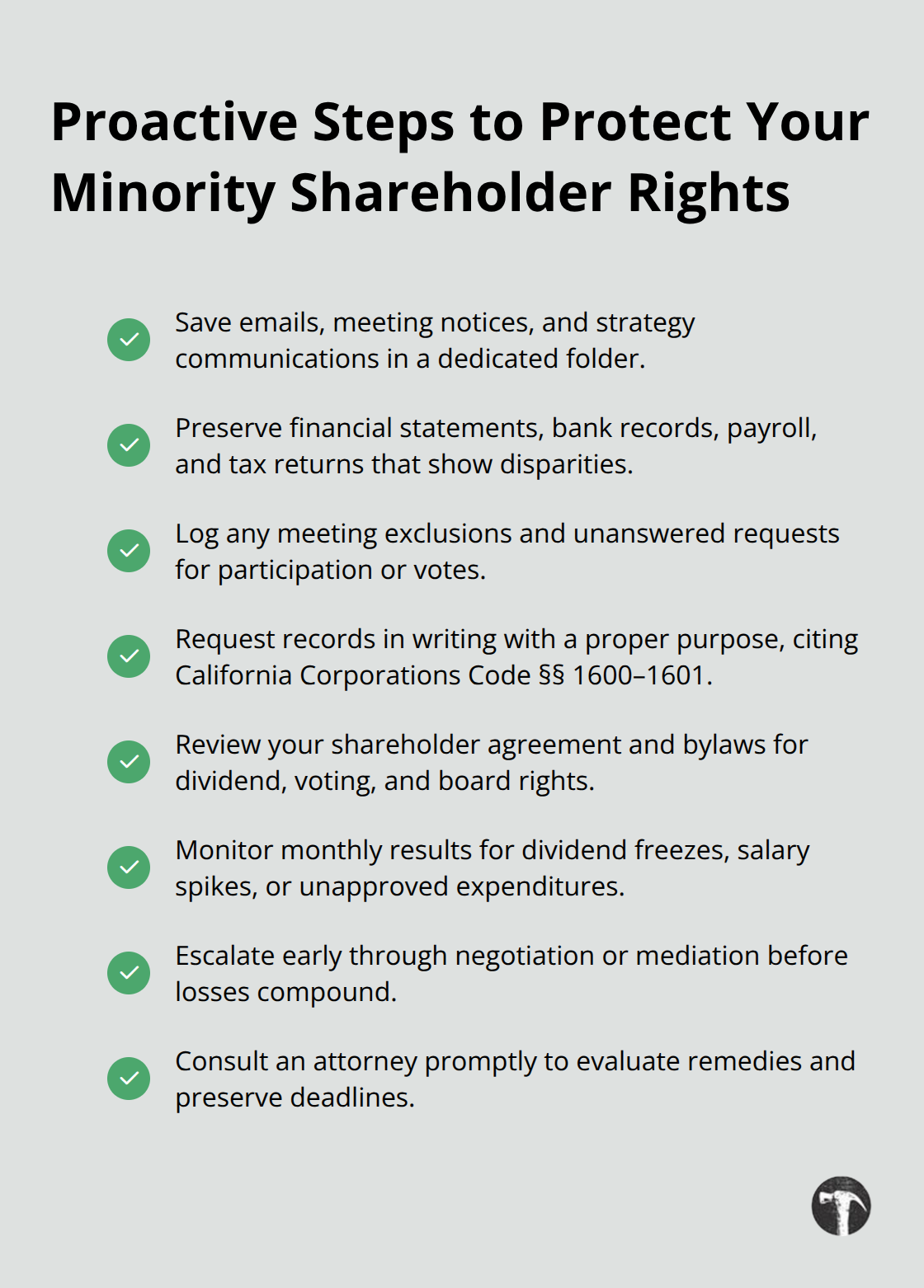 Checklist of practical actions minority shareholders should take to document and respond to oppression. - Shareholder oppression claims