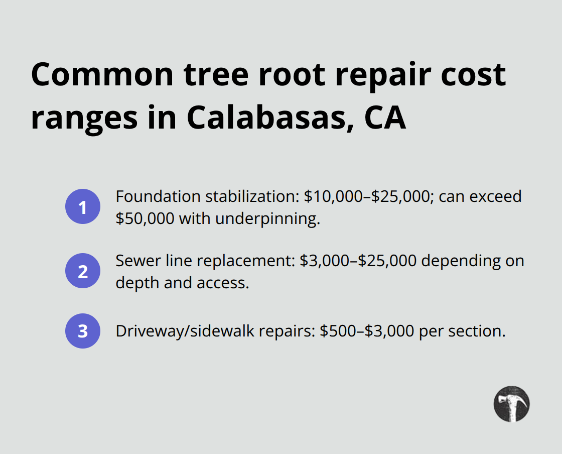 Ordered list summarizing typical cost ranges for foundation, sewer line, and driveway/sidewalk repairs from tree root damage - Tree root damage liability