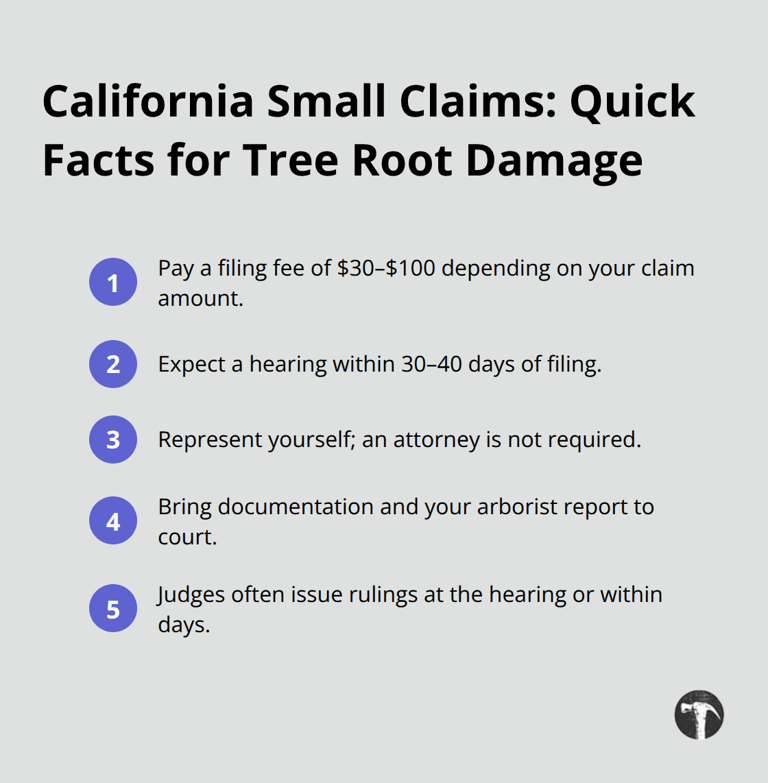 Compact list of key steps and timelines for California small claims in tree root damage cases. - Tree roots damage neighbor