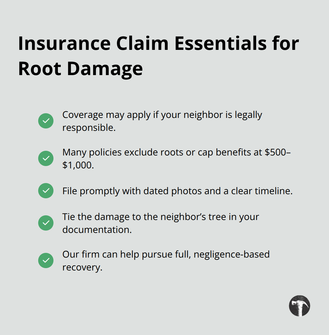 Checklist of key insurance claim steps and coverage limits for tree root damage