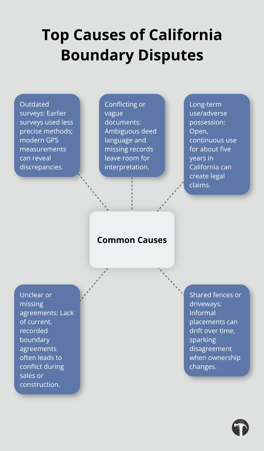 Infographic showing the most common causes of boundary line disputes in California.