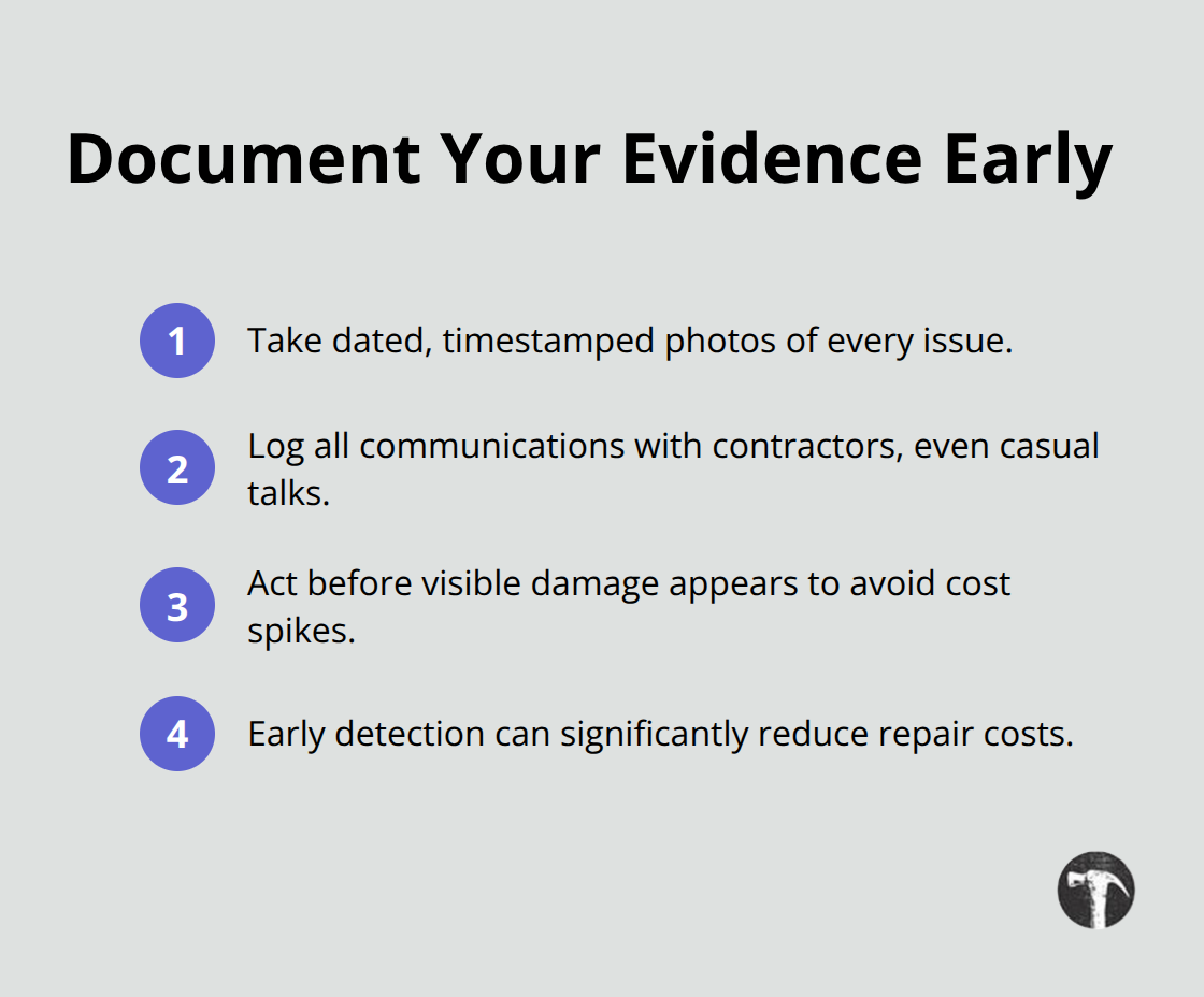 Compact checklist of steps to document construction defects for California claims.