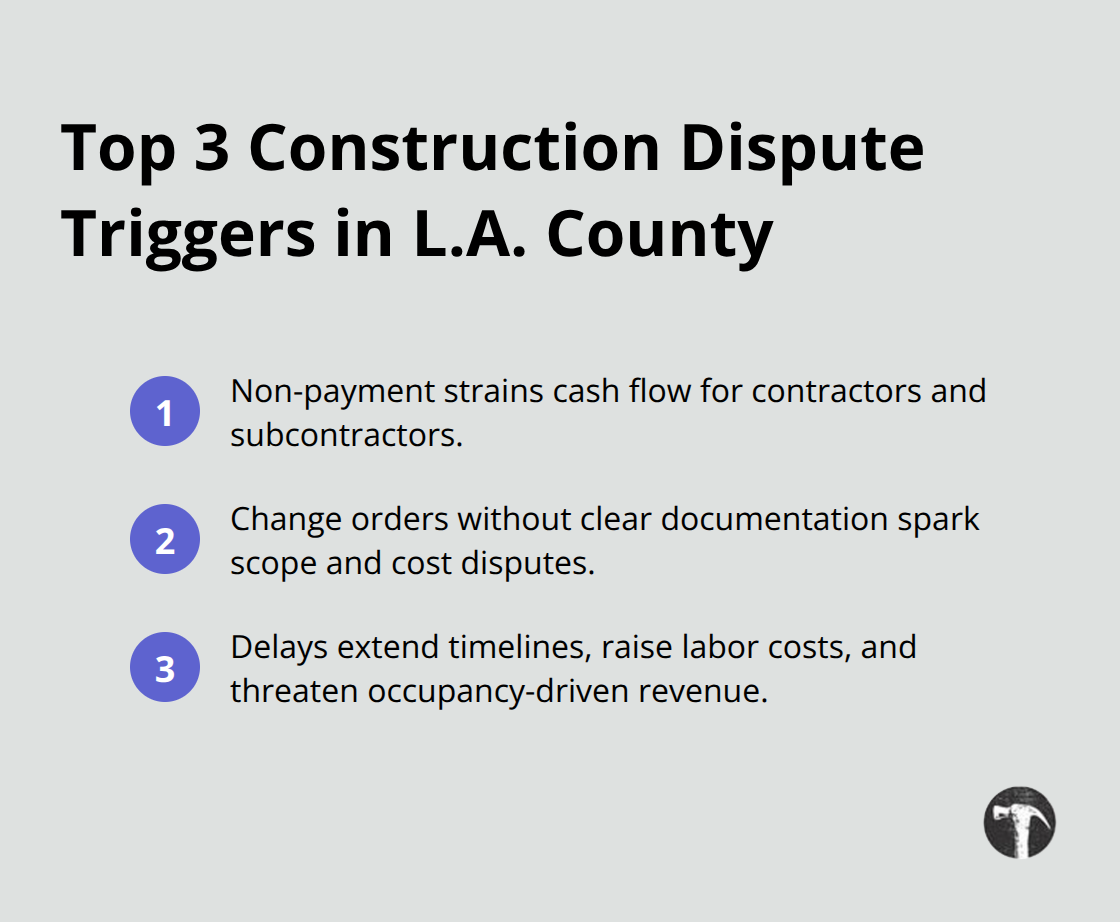 Key triggers of construction disputes in Los Angeles County: non-payment, change orders, and delays. - construction legal cases