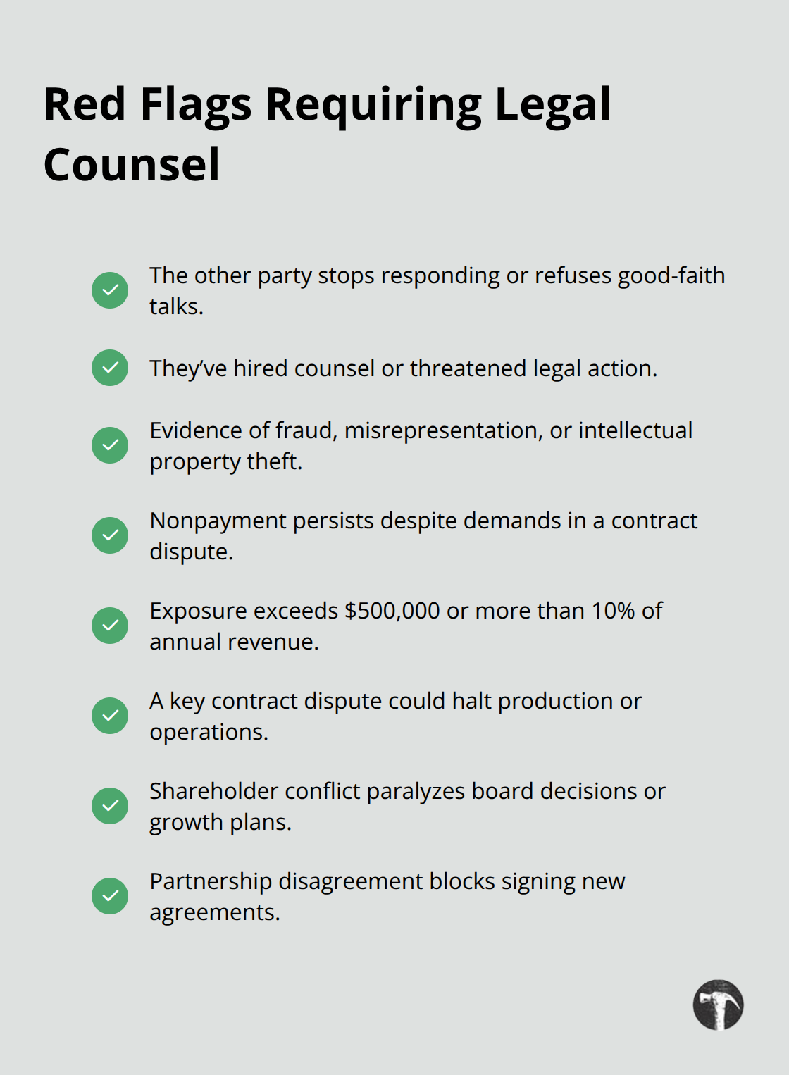 Checklist of signs it’s time to hire an attorney for a corporate dispute