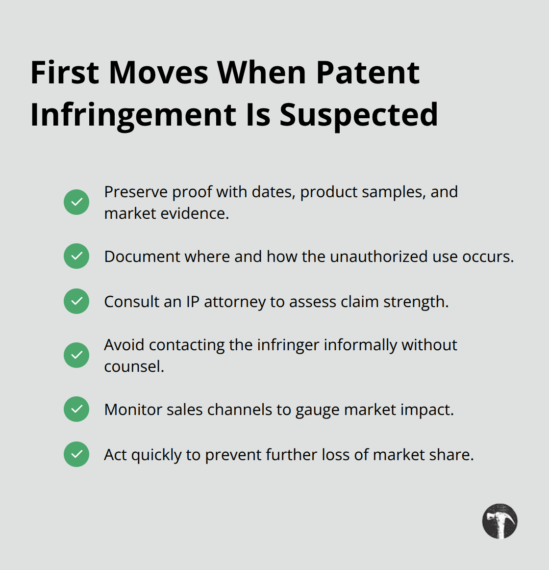 Action checklist to respond quickly to suspected patent infringement - intellectual property disputes resolutions and remedies
