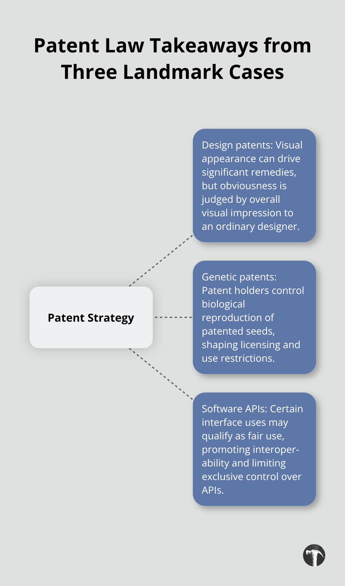Hub-and-spoke chart summarizing design, genetic, and software patent takeaways for U.S. businesses.