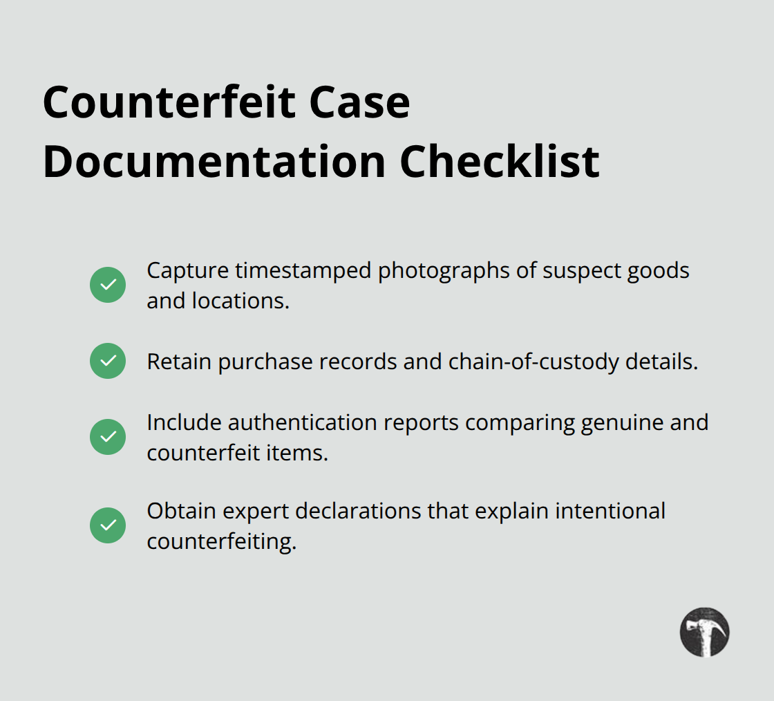 Checklist of evidence U.S. courts expect in trademark counterfeit cases. - intellectual property legal cases