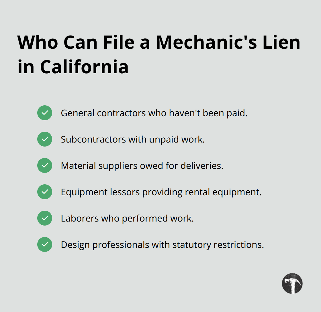 Eligible parties who can file a California mechanics lien - mechanics lien california
